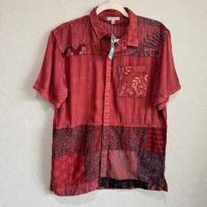 NWT Earthbound Trading Co Mens Red Overdye Patchwork Camp Shirt Kantha Medium